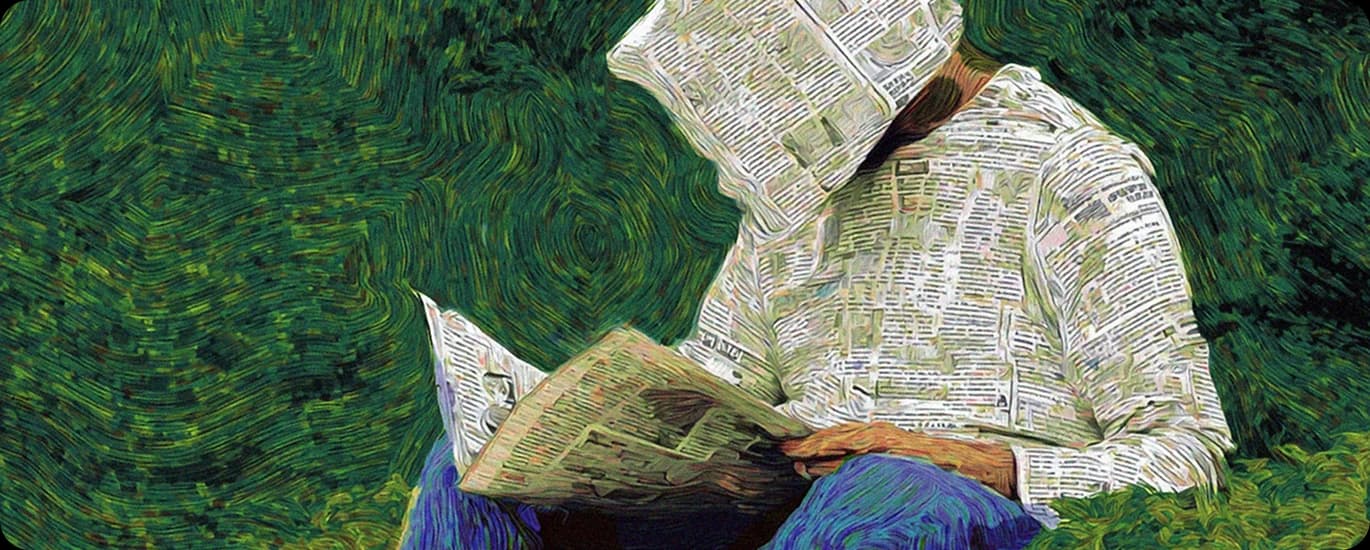 A surreal artwork of a person sitting outdoors, dressed in clothes made entirely of newspaper. Their head is also wrapped in newspaper, while they read from a newspaper in their hands. The background is textured with swirling green patterns resembling foliage.